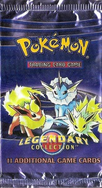 A sealed Pokemon Legendary Collection booster pack featuring Flareon, Vaporeon, and Jolteon.