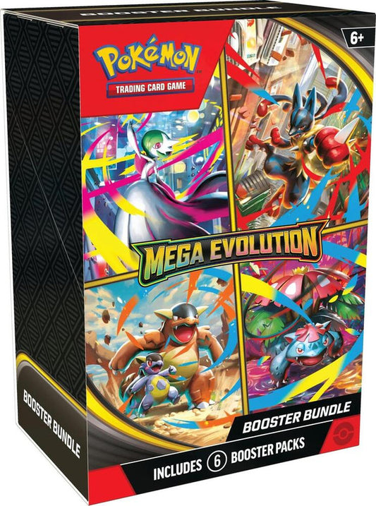 A Pokemon Mega Evolution booster bundle box containing six trading card game booster packs.