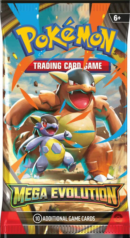 A Pokemon Mega Evolution booster pack featuring Mega Kangaskhan on the front.