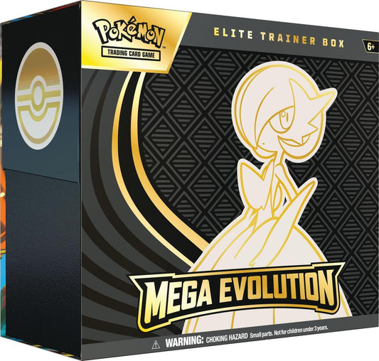 A black and gold Pokemon Mega Evolution Elite Trainer Box featuring Mega Gardevoir.
