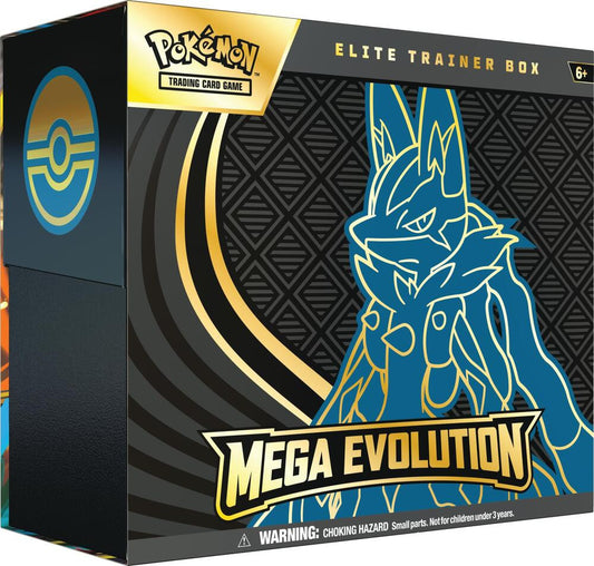A Pokemon Mega Evolution Elite Trainer Box featuring a blue and gold illustration of Mega Lucario.