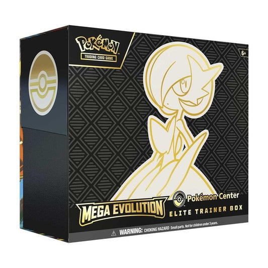 A black Pokemon Center Elite Trainer Box featuring gold Mega Gardevoir artwork on the front.