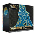 A black Pokemon Center Elite Trainer Box featuring a gold outline of Mega Lucario.