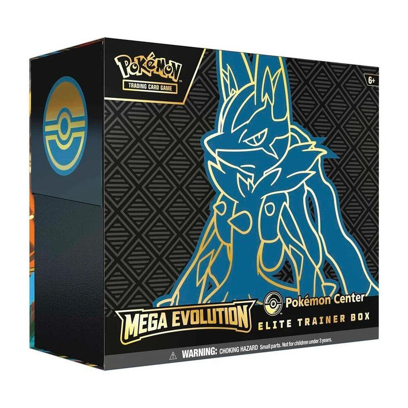 A black Pokemon Center Elite Trainer Box featuring a gold outline of Mega Lucario.