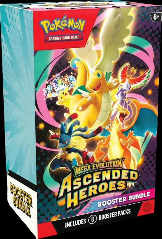 A Pokemon Ascended Heroes booster bundle box featuring illustrations of various Pokemon characters.