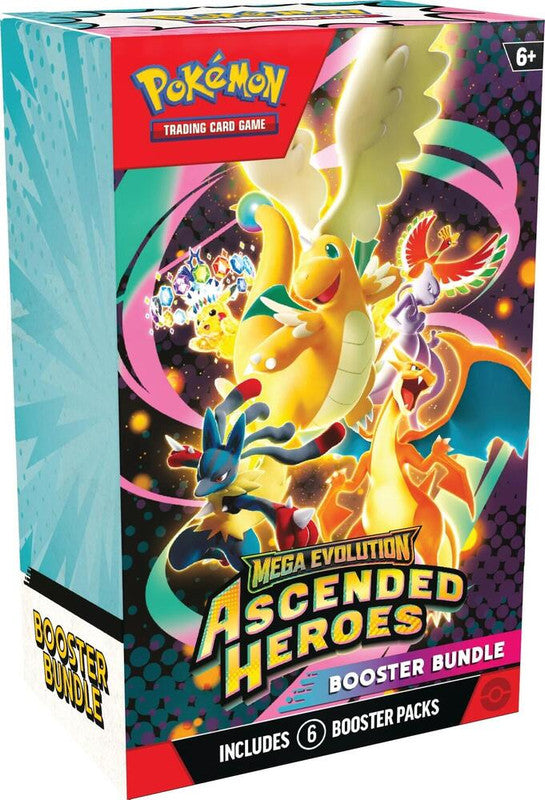 A Pokemon Ascended Heroes booster bundle box featuring illustrations of various Pokemon characters.