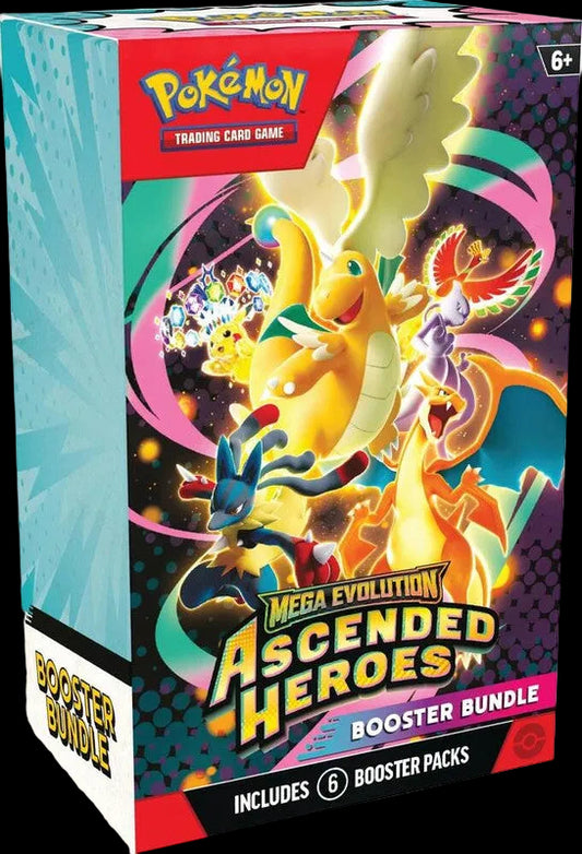 A Pokemon Ascended Heroes booster bundle box featuring illustrations of various Pokemon characters.