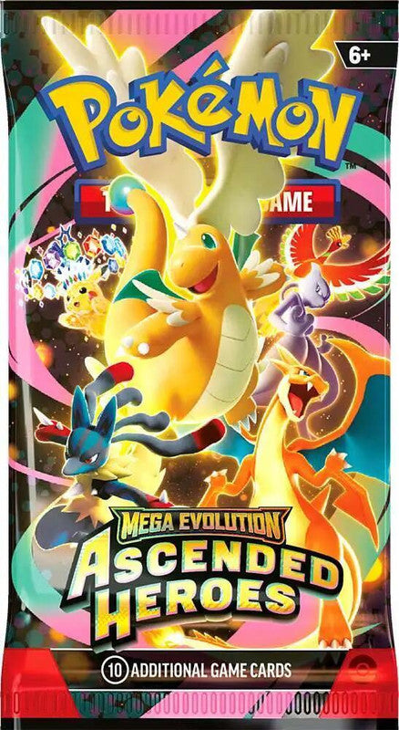 A Pokemon Ascended Heroes booster pack featuring illustrations of Dragonite and other Pokemon.