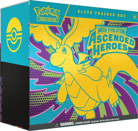 A Pokemon Ascended Heroes Elite Trainer Box featuring a yellow Dragonite illustration.