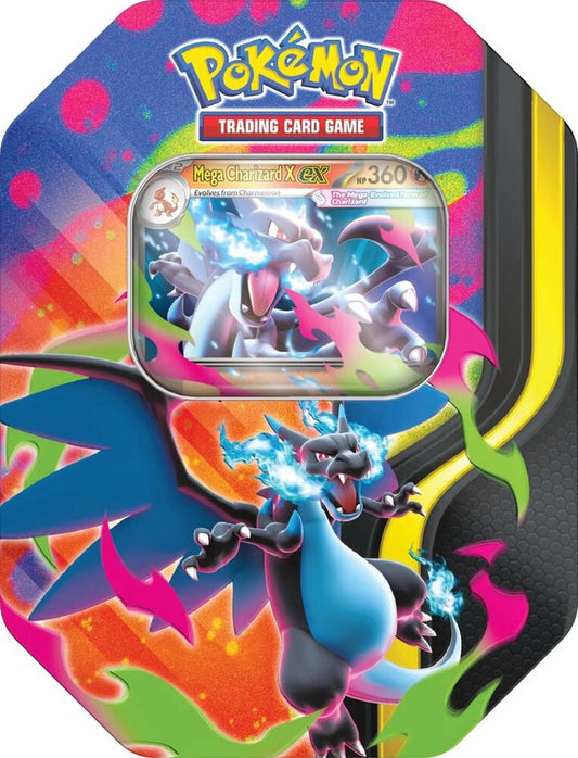 A Pokemon Mega Charizard X trading card tin featuring colorful artwork of the legendary Pokemon.