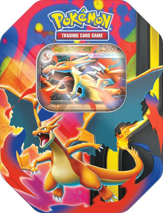 A Pokemon Trading Card Game tin featuring artwork of Mega Charizard Y.