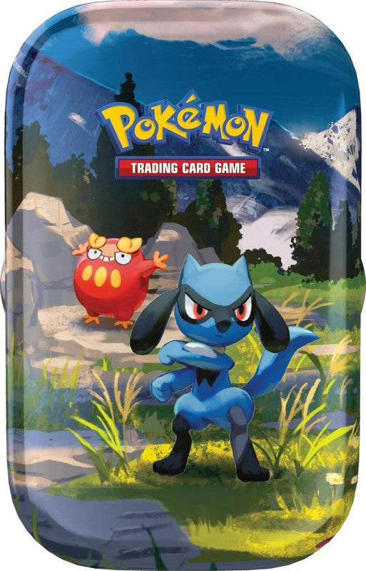 A Pokemon Ascended Heroes mini tin featuring Riolu and Darumaka artwork.