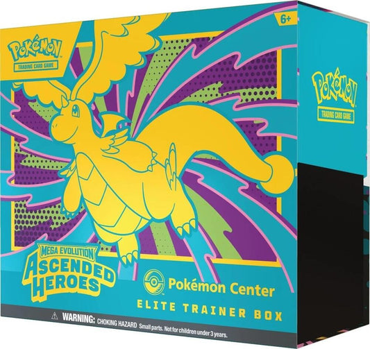 A Pokemon Center Elite Trainer Box featuring yellow Dragonite artwork on a teal and purple background.