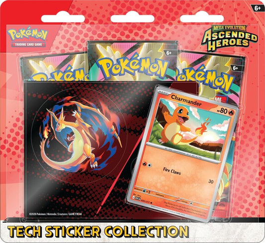 A Pokemon Ascended Heroes tech sticker collection pack featuring a Charmander trading card.