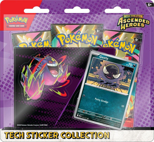A Pokemon Ascended Heroes tech sticker collection pack featuring a Gastly trading card.