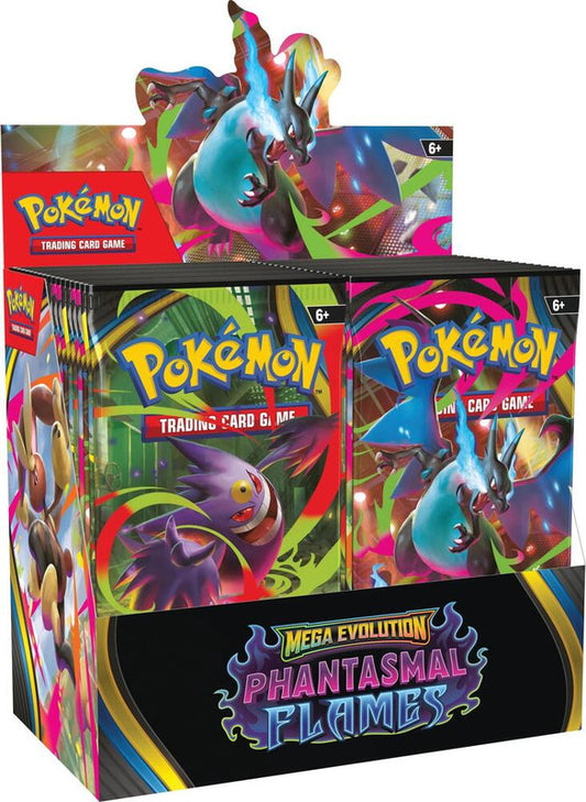 A Pokemon Phantasmal Flames booster box featuring Mega Charizard and Gengar artwork.