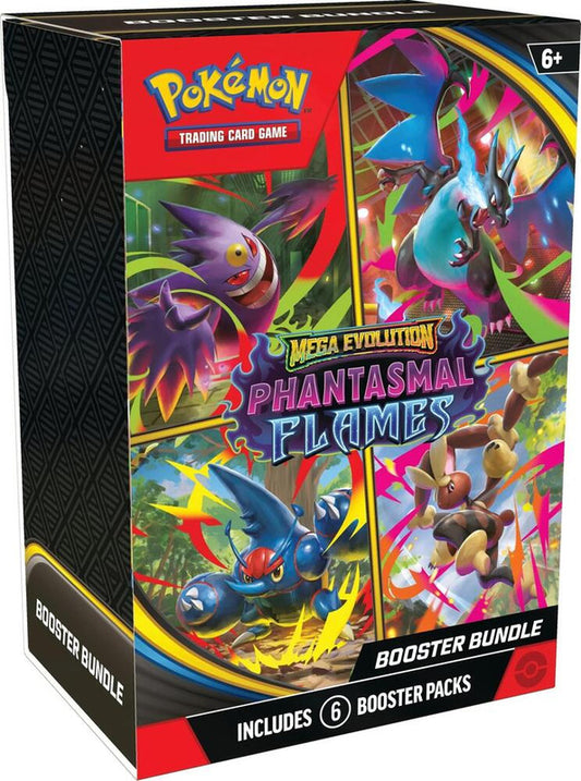 A Pokemon Phantasmal Flames booster bundle box featuring six packs and character artwork.