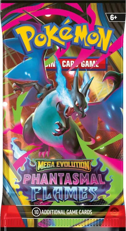 A Pokemon Phantasmal Flames booster pack featuring Mega Charizard artwork.