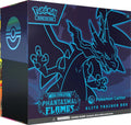 A dark blue Pokemon Center Elite Trainer Box featuring a glowing blue outline of Mega Charizard.