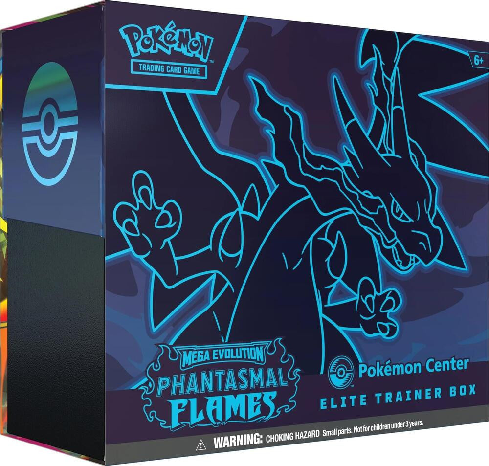A dark blue Pokemon Center Elite Trainer Box featuring a glowing blue outline of Mega Charizard.