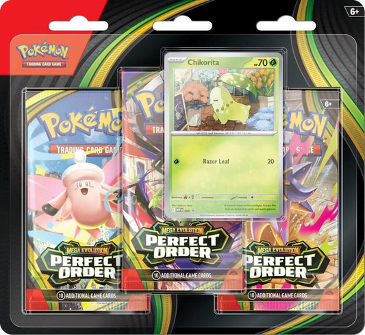 A Pokemon Perfect Order three-pack blister featuring a Chikorita promo card.