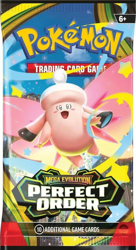 A Pokemon Perfect Order booster pack featuring a pink creature on a colorful background.