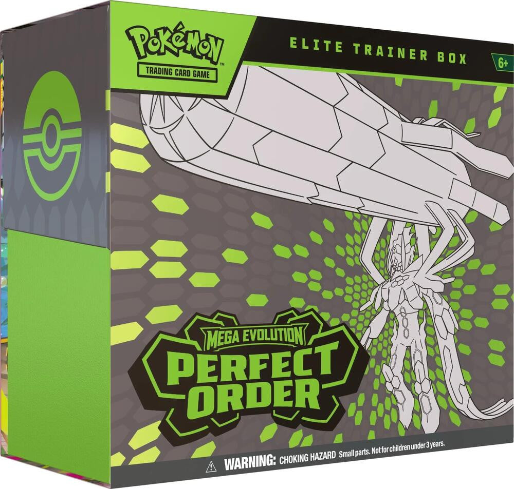 A Pokemon Perfect Order Elite Trainer Box featuring a stylized illustration of a robotic creature.
