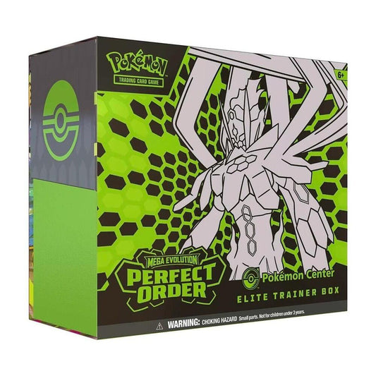 A Pokemon Center Elite Trainer Box featuring Zygarde on a green and black hexagonal background.