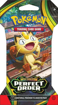 A Pokemon Perfect Order sleeved booster pack featuring an illustration of Meowth.