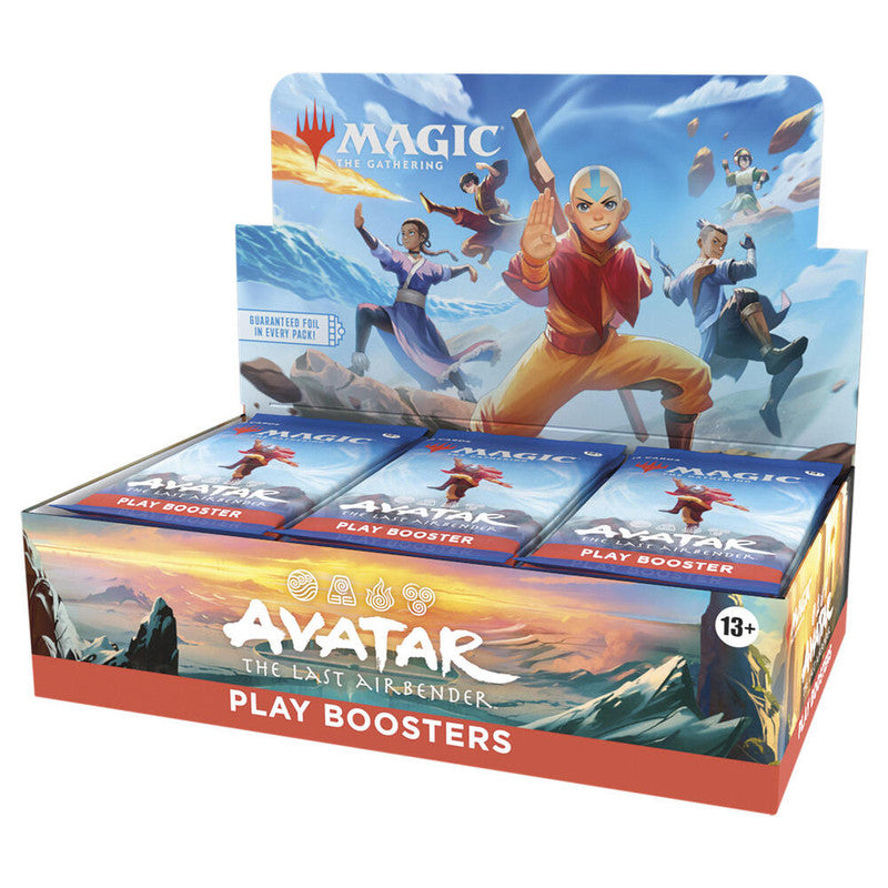 A Magic: The Gathering Avatar the Last Airbender play booster box featuring Aang and his friends.