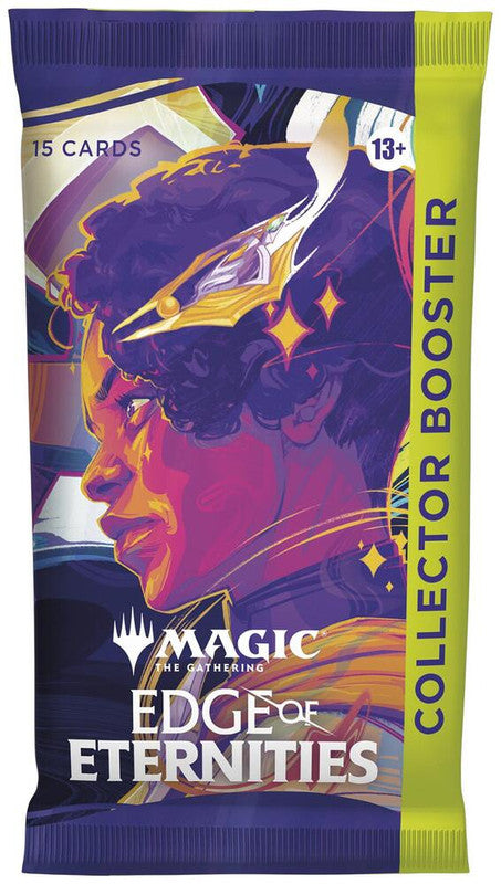 A Magic: The Gathering Edge of Eternities Collector Booster pack featuring stylized character art.