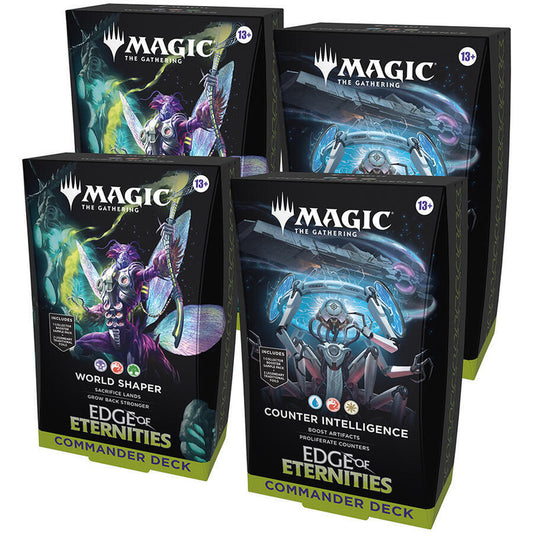 Two Magic: The Gathering Edge of Eternities Commander decks displayed in their boxes.