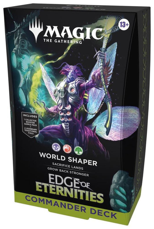 A Magic: The Gathering World Shaper Commander deck box featuring a purple insectoid creature.