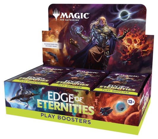 A Magic: The Gathering Edge of Eternities play booster box featuring space-themed artwork.