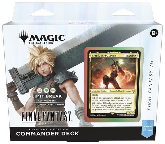 A Magic the Gathering Final Fantasy Commander deck box featuring Cloud Strife and his card.