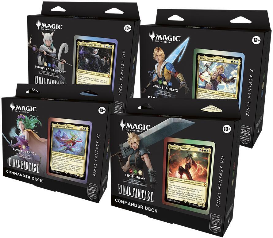 Four Magic: The Gathering Final Fantasy Commander decks featuring Y'shtola, Tidus, Terra, and Cloud.