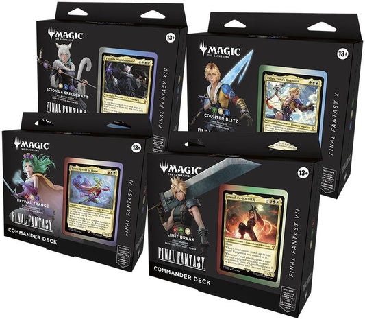 Four Magic: The Gathering Final Fantasy Commander decks featuring Y'shtola, Tidus, Terra, and Cloud.