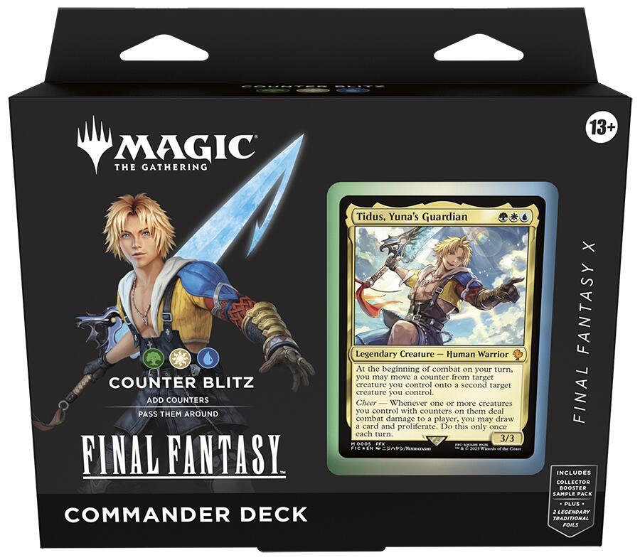 A Magic: The Gathering Final Fantasy Commander deck box featuring Tidus on the packaging.