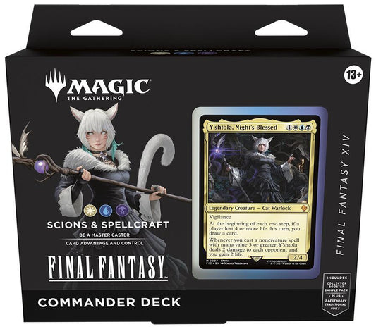 A Magic: The Gathering Final Fantasy Commander deck box featuring Y'shtola on the packaging.