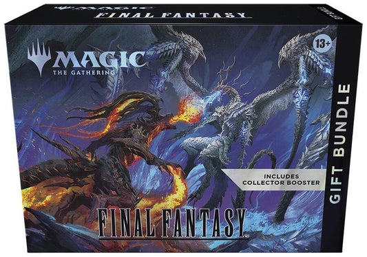 A Magic: The Gathering Final Fantasy gift bundle box featuring artwork of two dragons fighting.