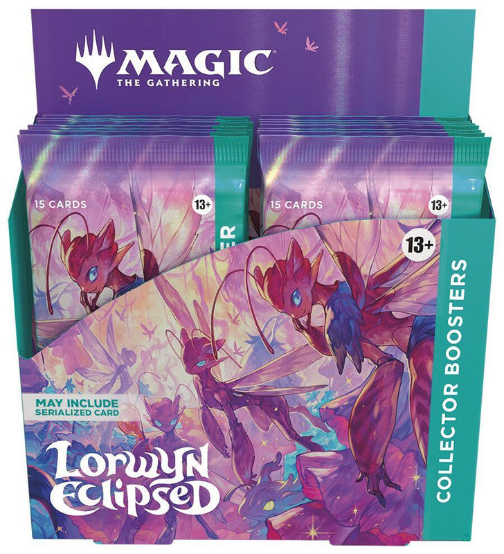A Magic: The Gathering Lorwyn Eclipsed collector booster box featuring fairy-themed artwork.