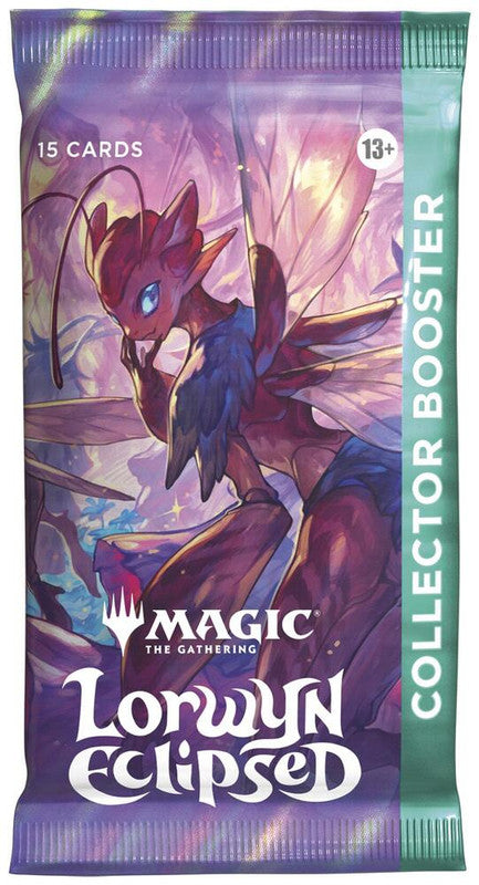 A Magic: The Gathering Lorwyn Eclipsed collector booster pack featuring fairy-themed artwork.
