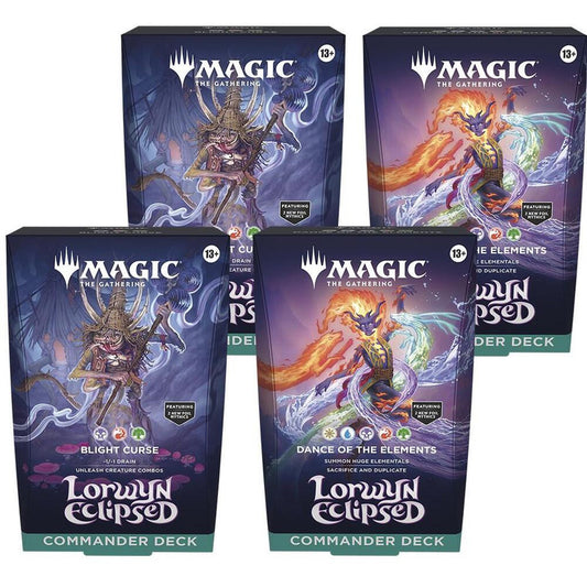 Two Magic: The Gathering Lorwyn Eclipsed Commander deck boxes shown from front and top angles.