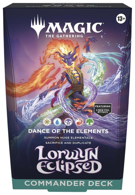 A Magic: The Gathering Lorwyn Eclipsed Commander deck box featuring elemental artwork.