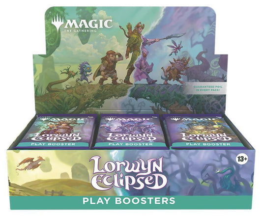 A Magic the Gathering Lorwyn Eclipsed play booster box with fantasy character artwork.
