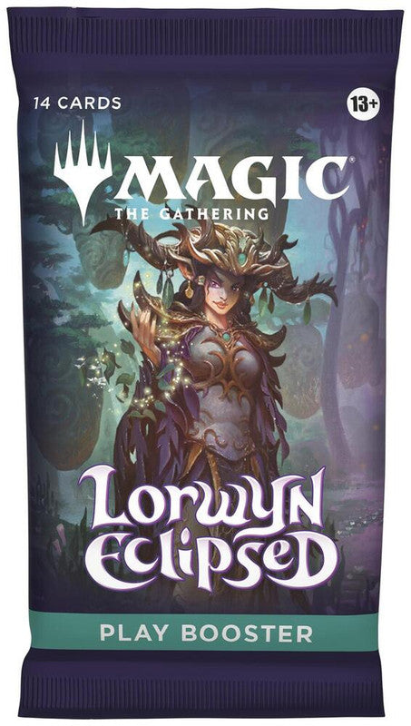 A Magic The Gathering Lorwyn Eclipsed play booster pack featuring fantasy character artwork.