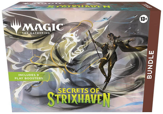 A Magic The Gathering Secrets of Strixhaven bundle box featuring a mage and a spectral bird.