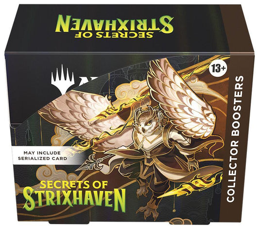 A Magic: The Gathering Secrets of Strixhaven collector booster box featuring an owl-like creature.