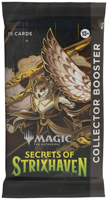 A Magic The Gathering Secrets of Strixhaven collector booster pack featuring an owl mage illustration.