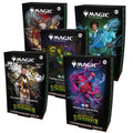 Five Magic: The Gathering Strixhaven Commander decks arranged in a group.